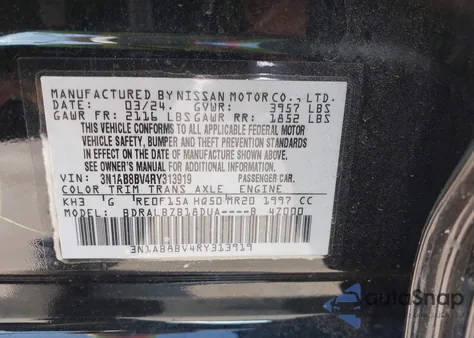 2024 Nissan Sentra S Xtronic Cvt z USA, uszkodzony, nr VIN 3N1AB8BV4RY313919